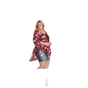 1229 Torrid 3 4 red floral shirttail flowy kimono